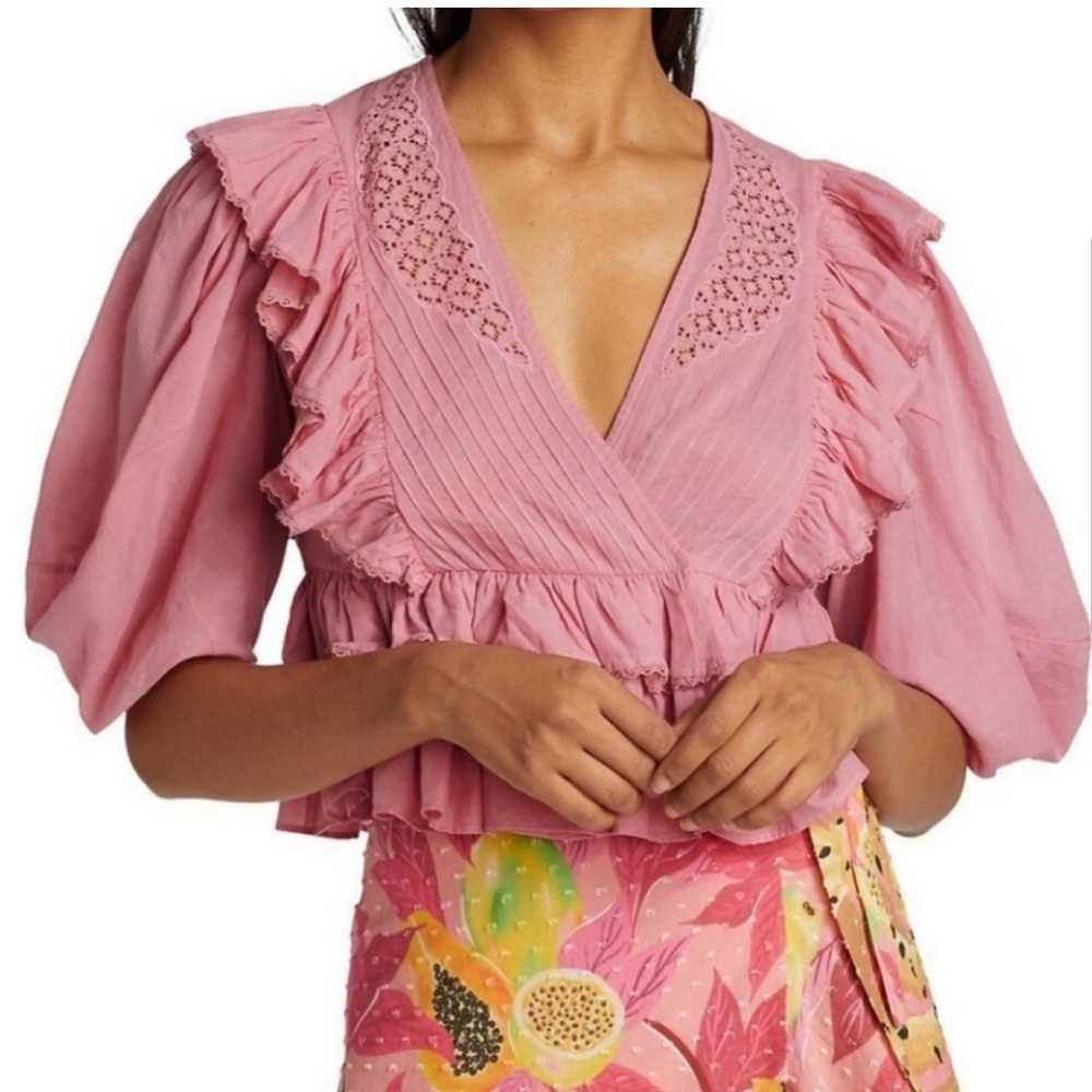 Farm Rio Puff-sleeve Ruffle Cotton Blouse In Pink